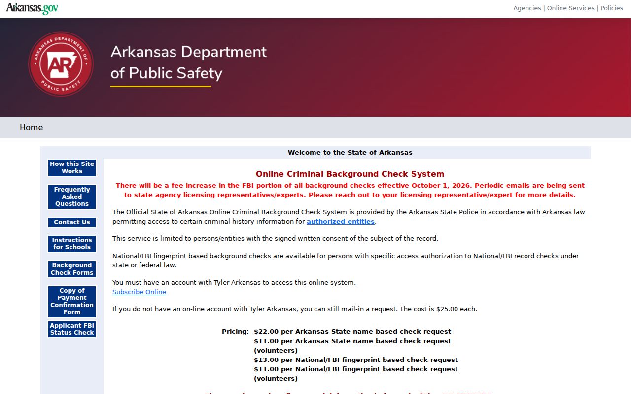 Hempstead County criminal history Arkansas State Police background check portal